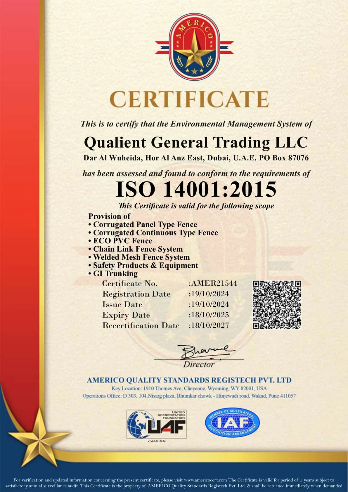 ISO 14001:2015 Environmental Certificate — Qualient General Trading LLC